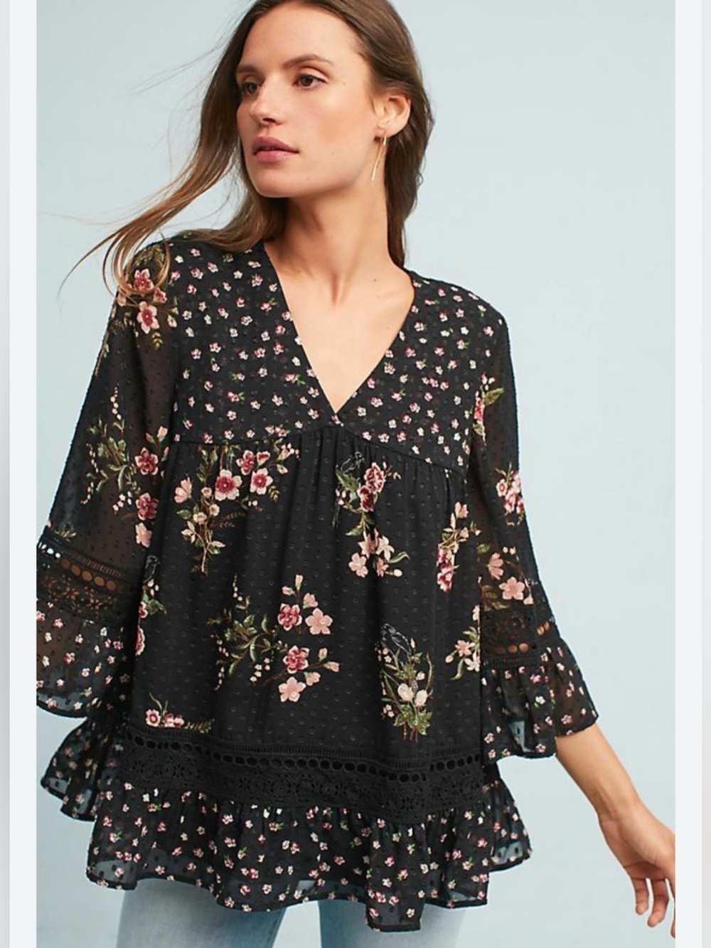 Maeve Steffy Floral Blouse, Size L, Color Black/Pink/Green/Red